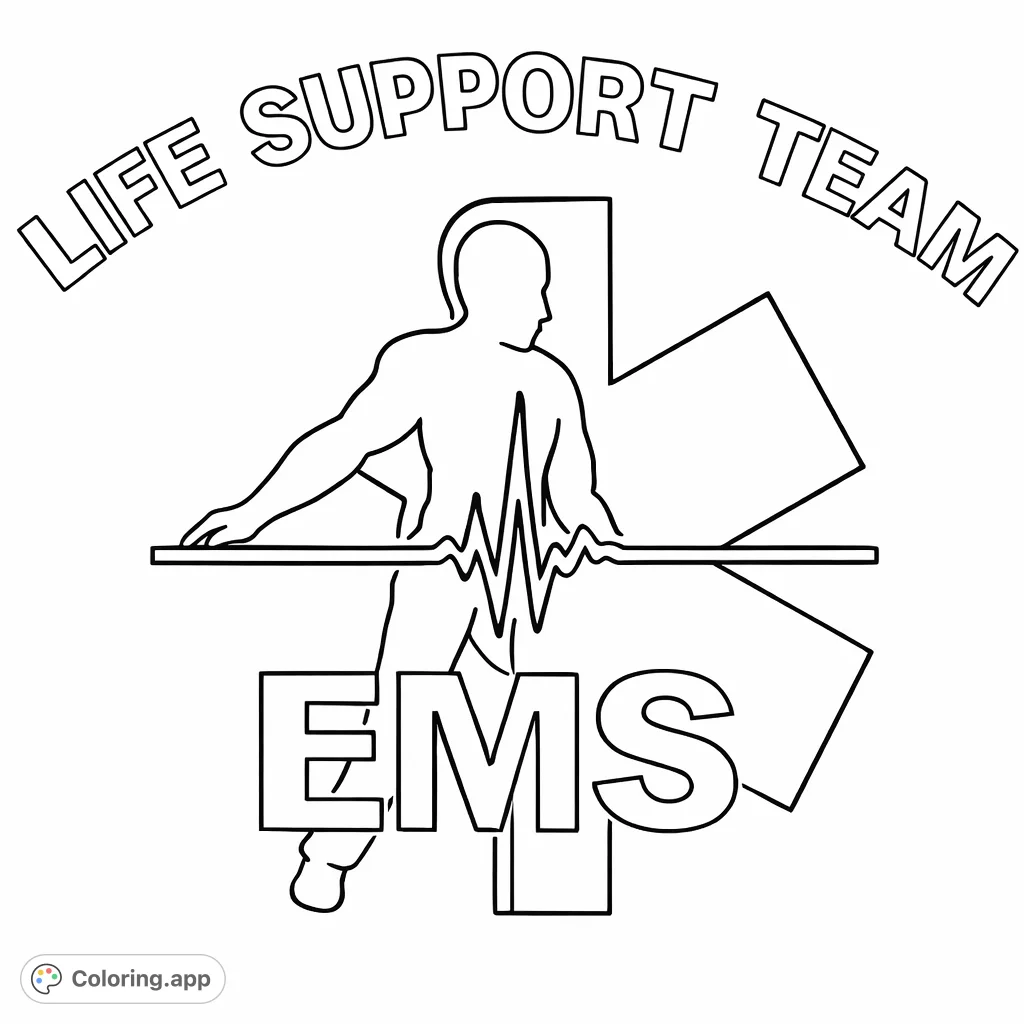 A compelling EMS Star of Life emblem coloring page, featuring a human figure, ECG waveform, and 'LIFE SUPPORT TEAM' text. A free printable coloring page.