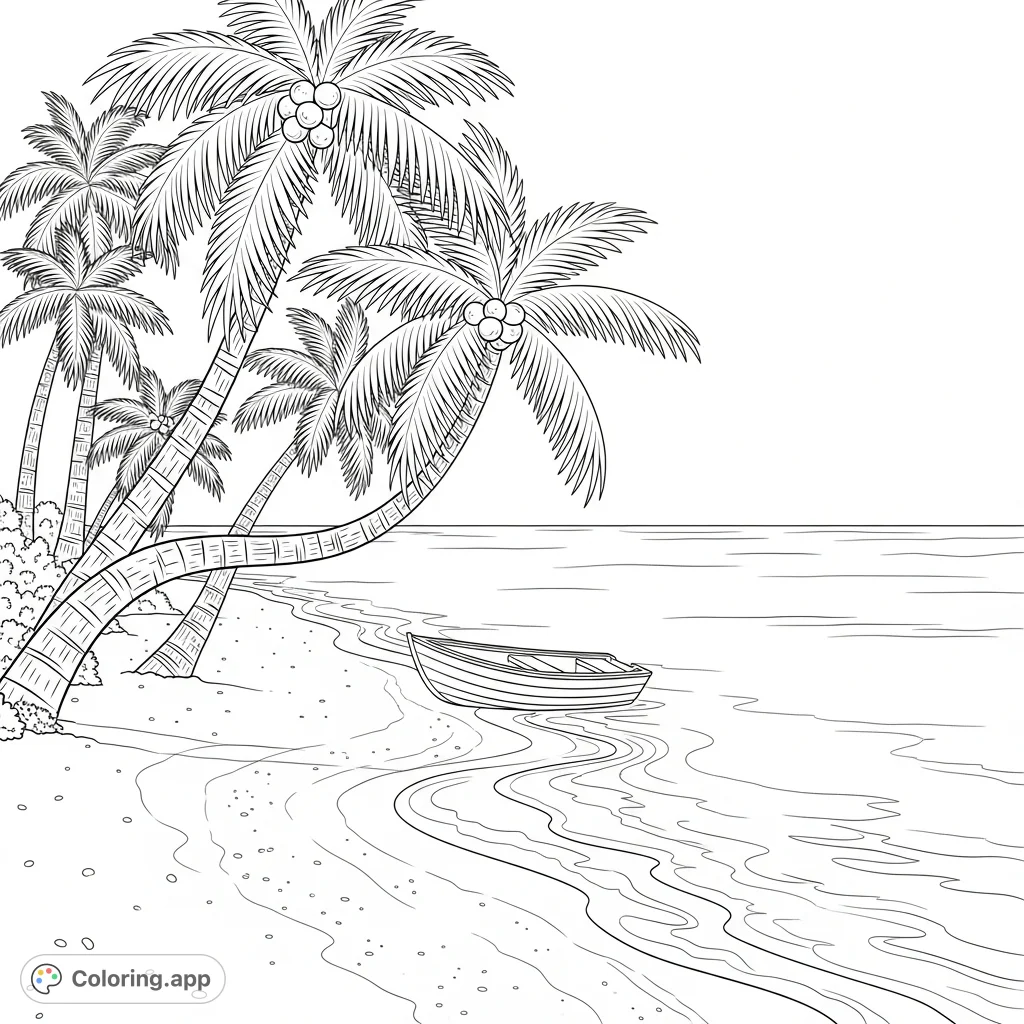 Explore a tranquil island beach coloring page featuring swaying palm trees, a small boat on the shore, and calm ocean waters, perfect for relaxation.