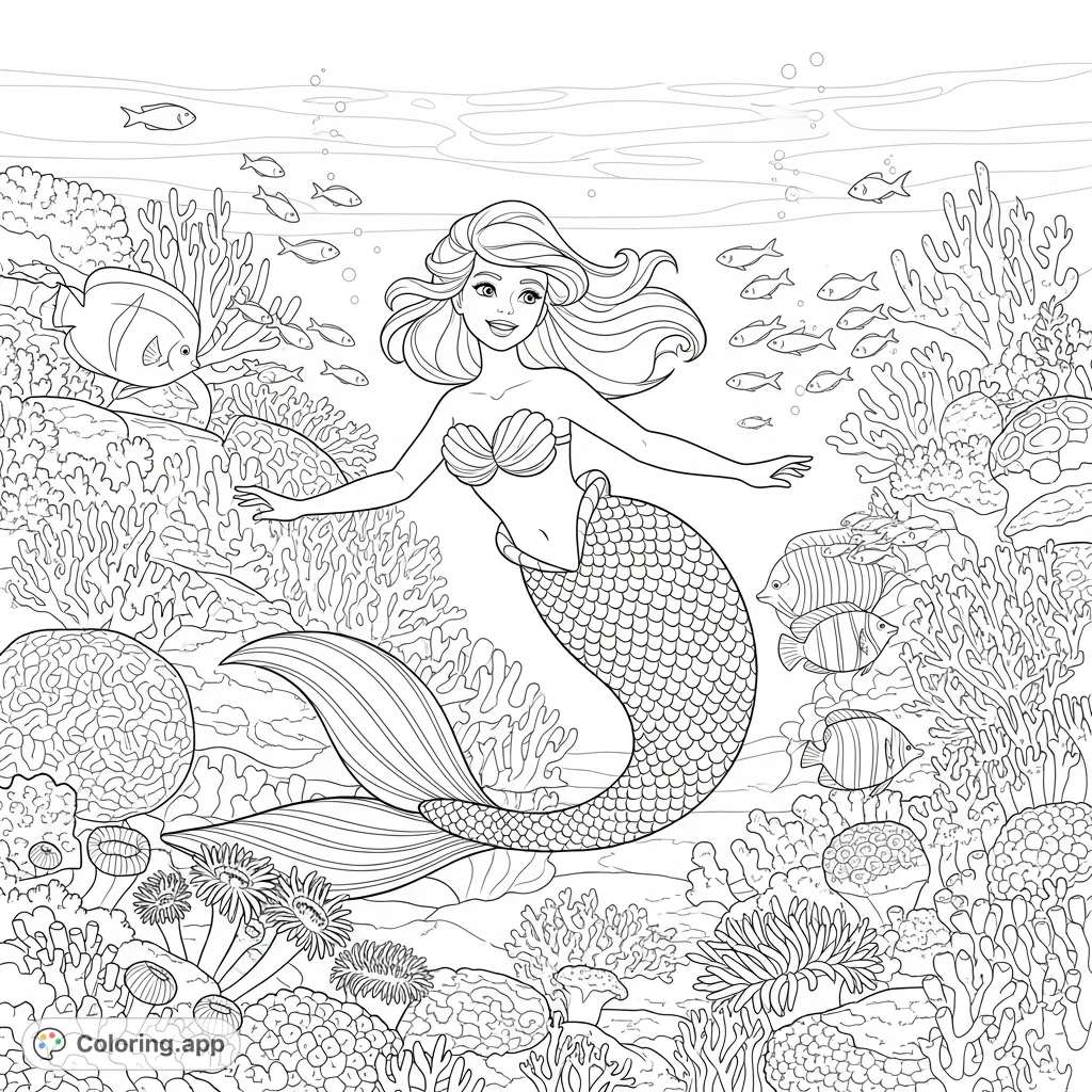 A friendly, smiling mermaid swims gracefully amidst a detailed coral reef, surrounded by playful fish and intricate marine life. Perfect for a relaxing escape.