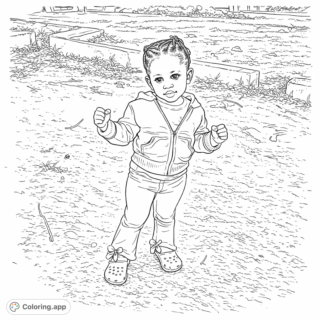 A delightful image of a young child in a playful stance, ready for adventure. Features detailed clothing and a natural outdoor setting for creative coloring fun.