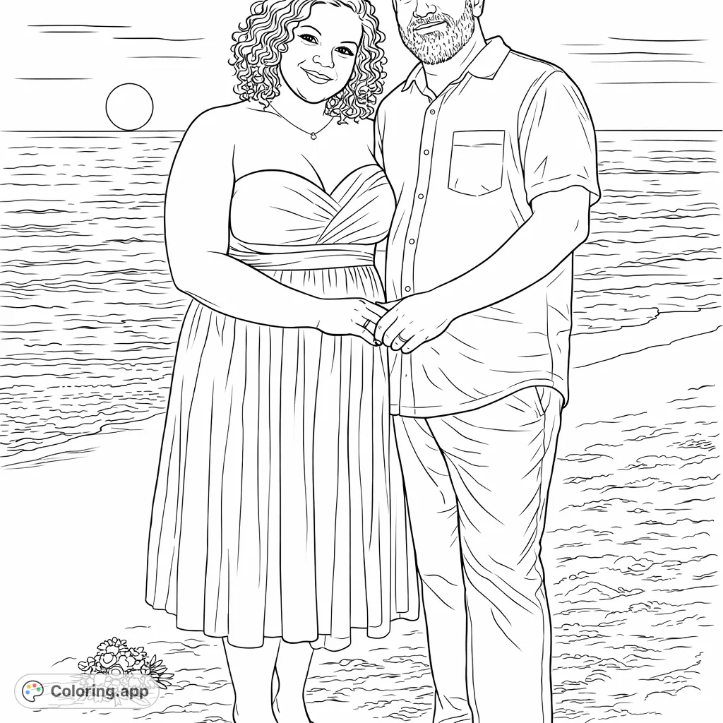 Capture a serene moment with a couple on a sandy beach during sunset. This romantic coloring page features ocean waves and detailed attire.