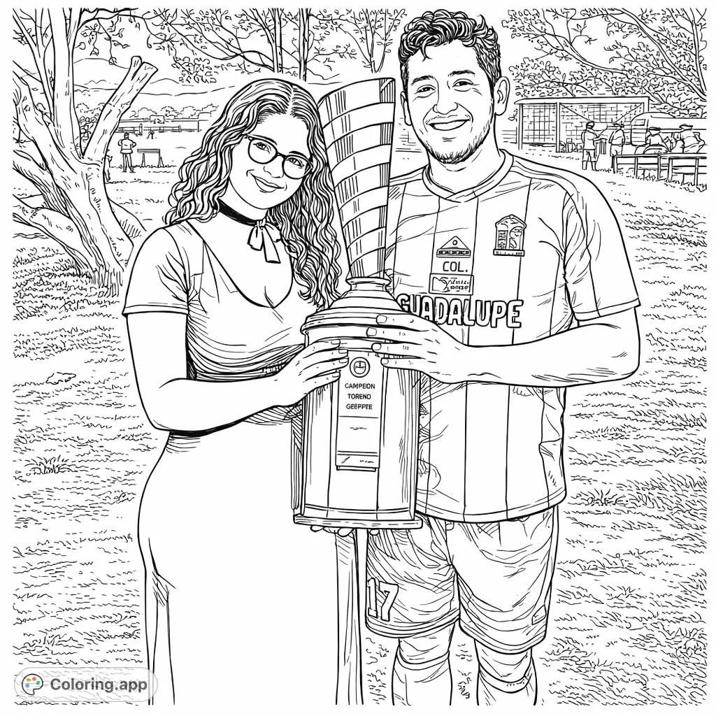 Celebrate victory with this soccer-themed coloring page featuring a man and woman proudly holding their championship trophy on a grassy field.