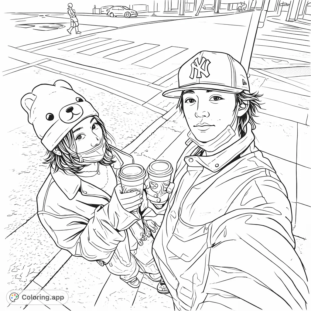 A casual urban scene featuring two friends holding coffee cups, one in a bear beanie, the other a baseball cap, set against a street background. Perfect for creative expression.