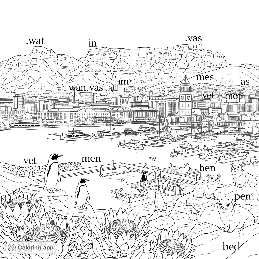 Explore a detailed Cape Town coloring page featuring majestic Table Mountain, the lively V&A Waterfront, iconic animals, and protea flowers. Discover hidden words!