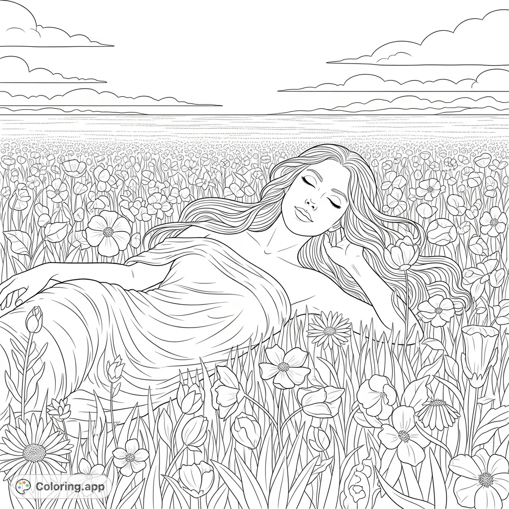 A beautiful woman with long, flowing hair relaxing amidst a vast field of diverse flowers, offering a peaceful and detailed nature coloring page for creative coloring.
