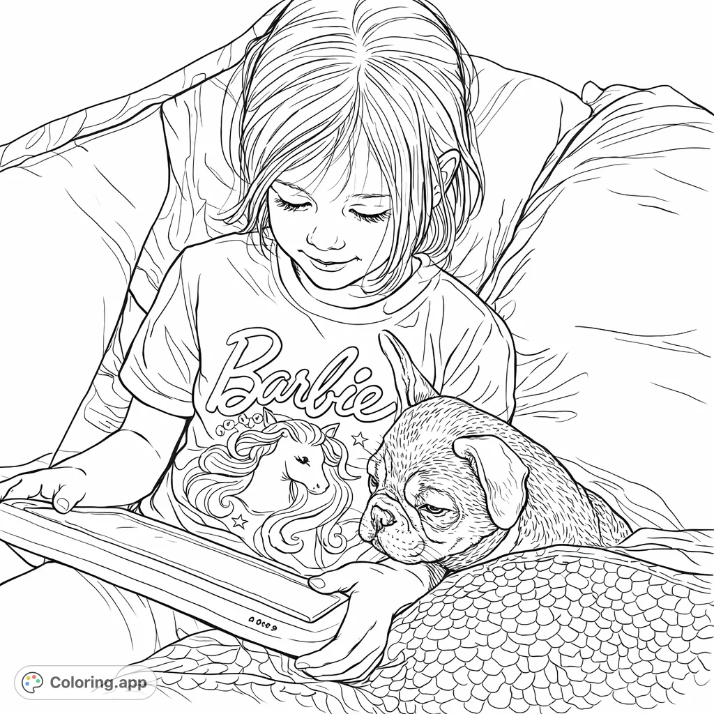 A hand-drawn sketch of a child engrossed in a tablet, accompanied by a sleepy puppy. Perfect for a cozy coloring page, blending technology with warm companionship.