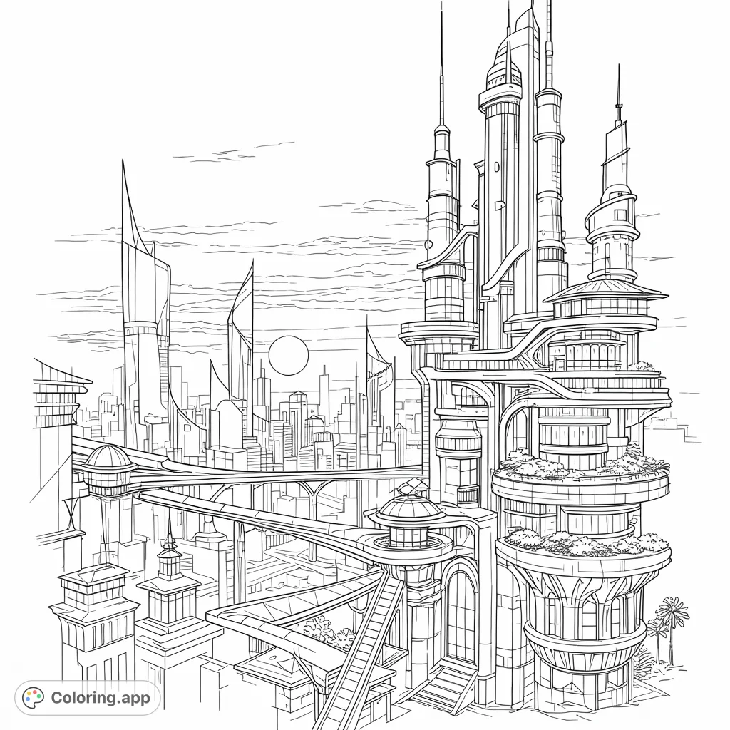 Explore a magnificent futuristic cityscape coloring page with soaring skyscrapers, intricate sky bridges, and unique architectural designs under a grand celestial body.