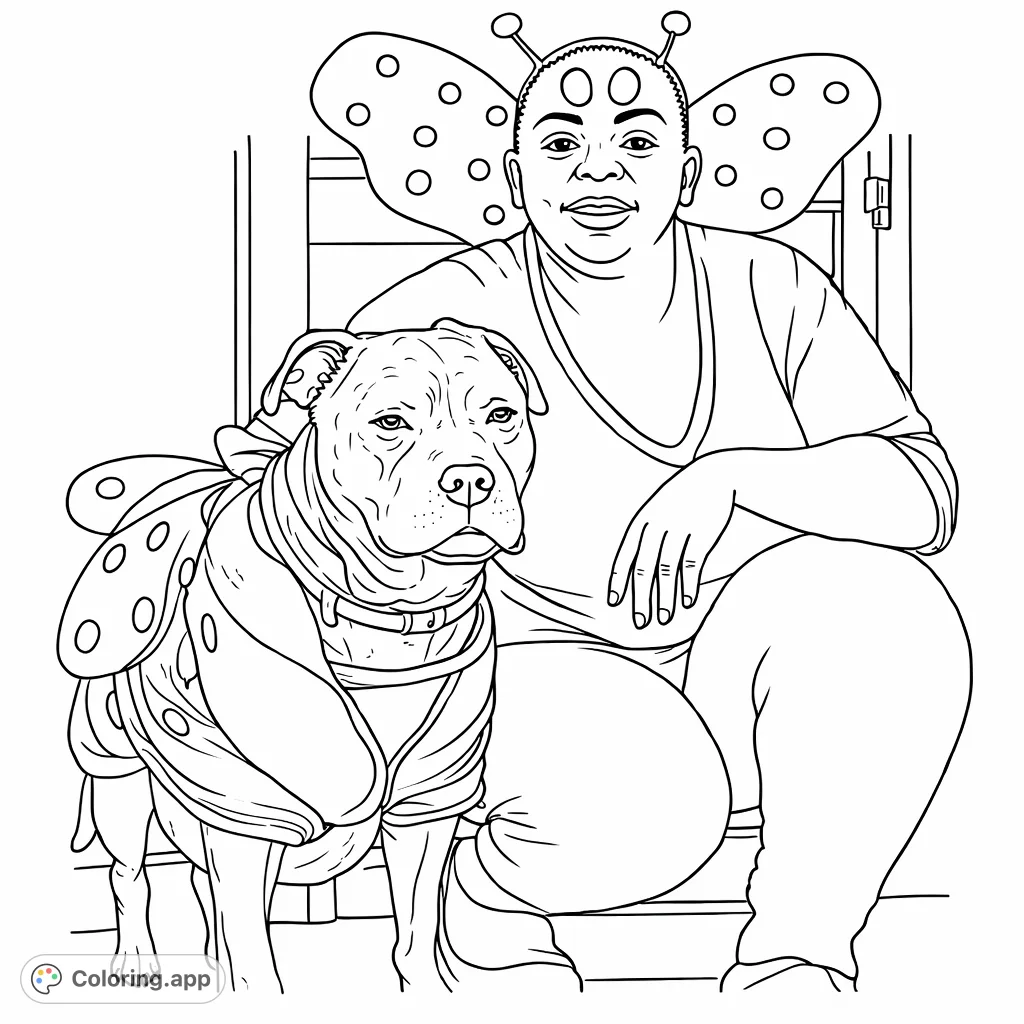 A playful scene featuring a person with spotted insect wings and a dog in a matching costume. Perfect for lovers of pets and whimsical designs.