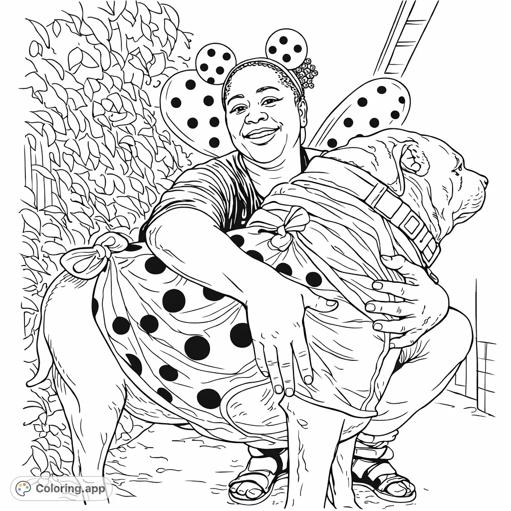 A delightful ladybug-themed coloring page featuring a woman and her dog in matching costumes. Perfect for fun and creative expression.