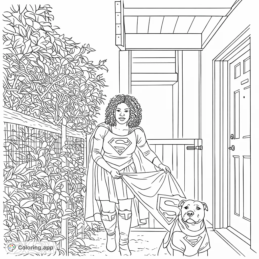 Empowered superhero and her loyal pet companion stand ready for adventure in this dynamic coloring page. Unleash your creativity with this heroic duo!