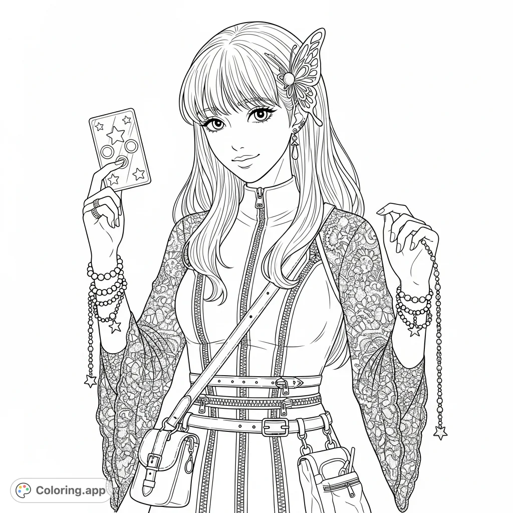 A detailed coloring page of a stylish young woman featuring intricate lace, prominent zippers, and layered accessories like star charms and a unique card.