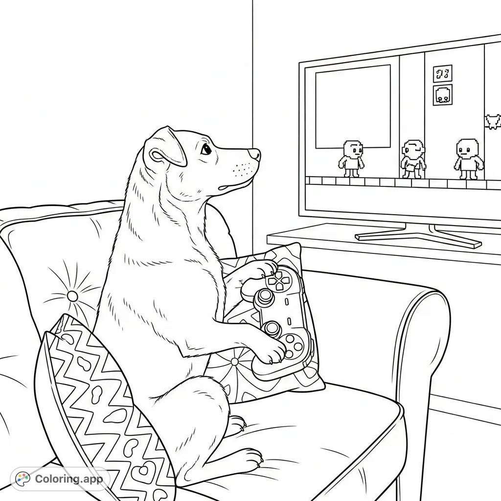 A playful dog engrossed in a video game on a comfortable couch. Perfect for dog lovers and gamers, this free printable coloring page offers a fun scene.