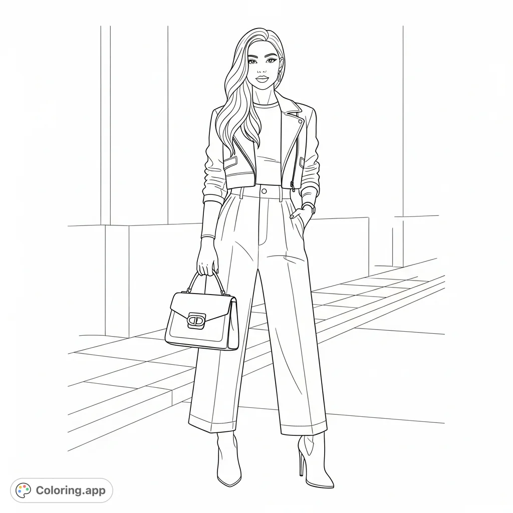 A sophisticated young woman in elegant street fashion. This fashion coloring page offers intricate details for a creative and stylish coloring experience for teens and adults.