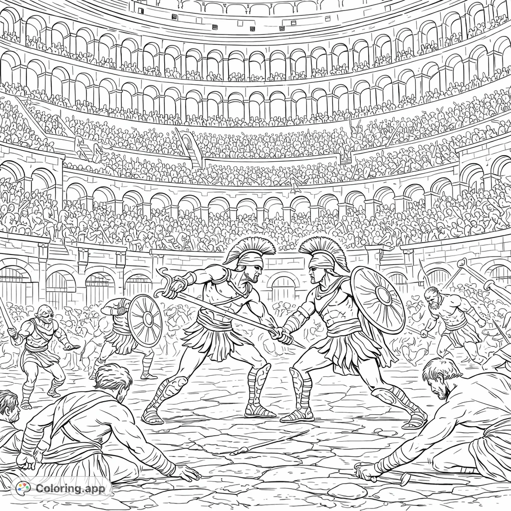 Experience the intensity of ancient Roman combat! This gladiator arena scene features warriors locked in battle with a vast, detailed crowd in a grand historical setting.