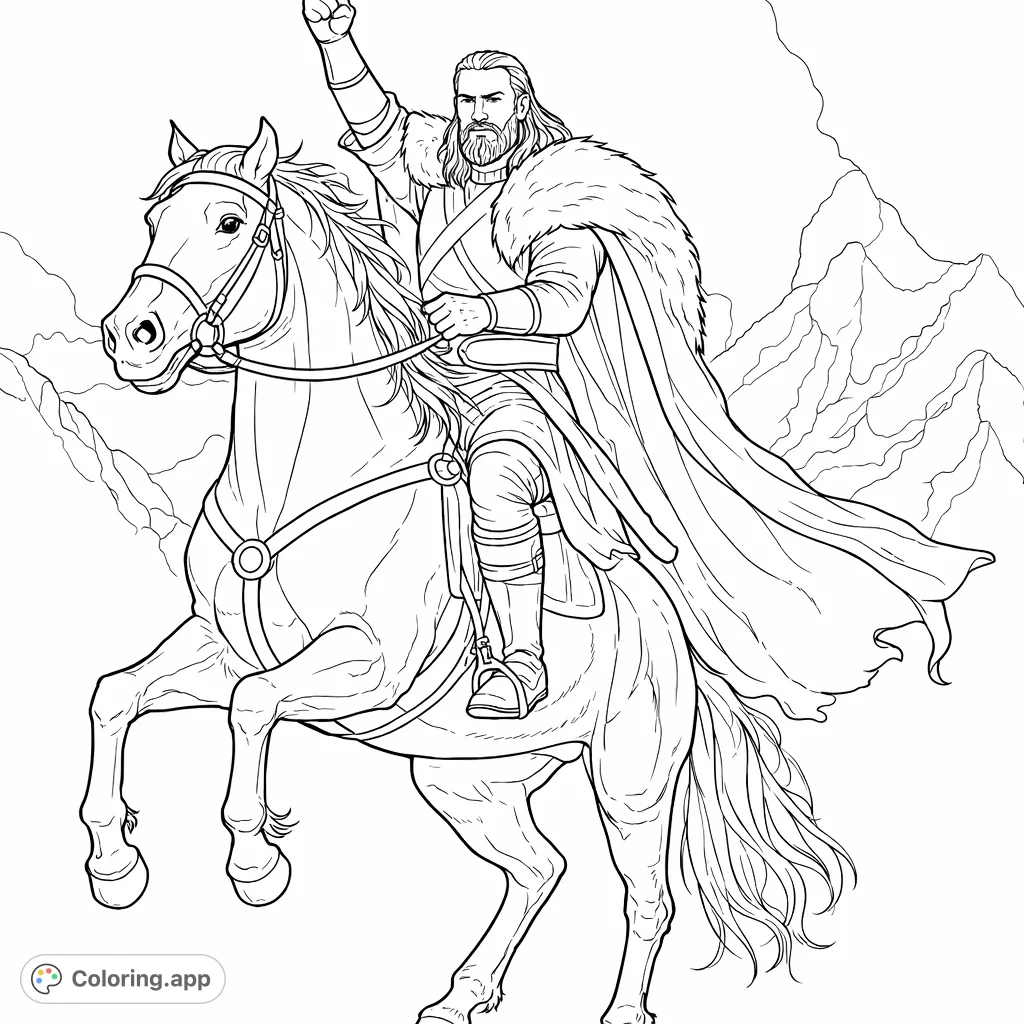 An epic warrior, fully armored with a fur cape, triumphantly rides a majestic, rearing horse amidst a rugged mountain landscape, ready for adventure.