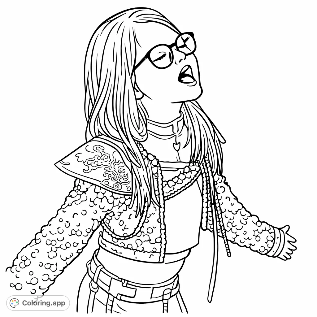 Bring a rising star to life with this dynamic coloring page featuring a young performer in a dazzling stage outfit against a dramatic geometric backdrop.