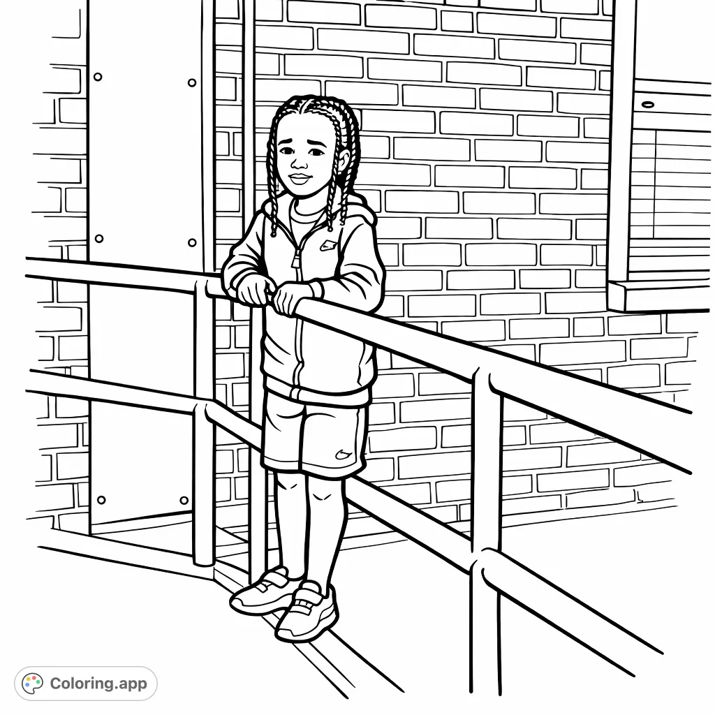 An adorable child in a cartoony style, playfully posing by a railing against a textured brick wall. A minimalist and clean lines coloring page for kids.