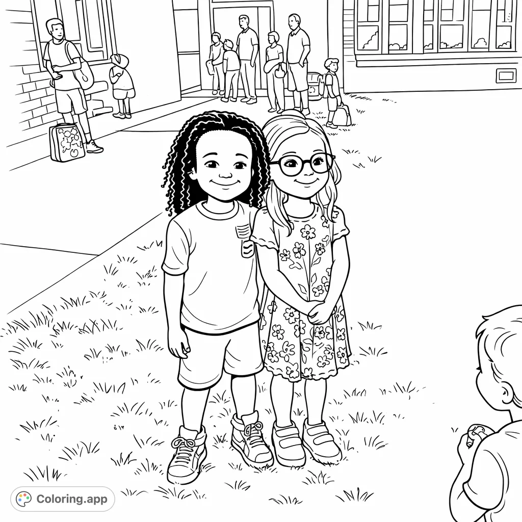 Join two cheerful children ready for a new school day! This fun back-to-school coloring page celebrates friendship and learning.