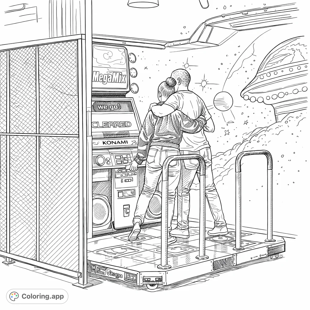 Two friends share a moment playing a dance arcade game, set against a cosmic mural. Intricate details for a challenging and fun coloring experience.