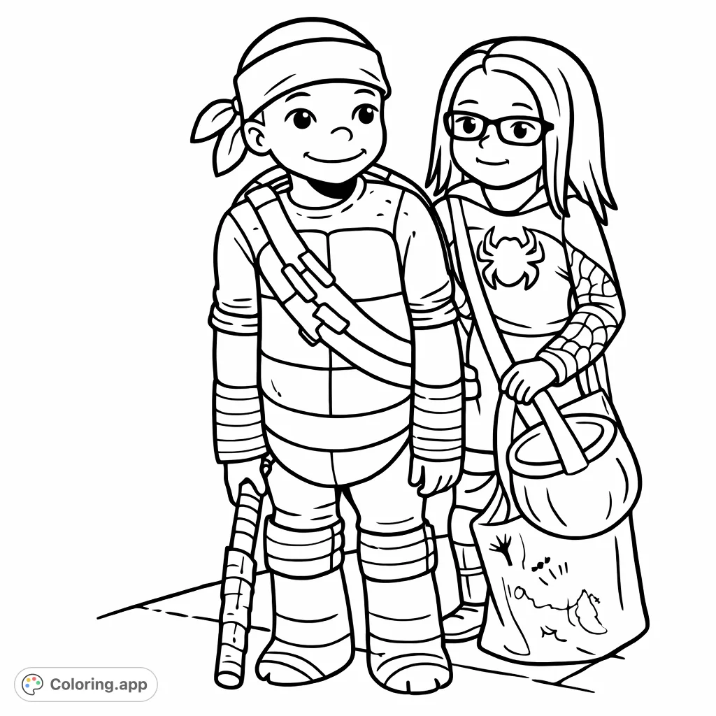 Two children in detailed costumes, a turtle-themed hero and a spider-themed hero, ready for adventure. A fun, cartoony coloring page for imaginative play.