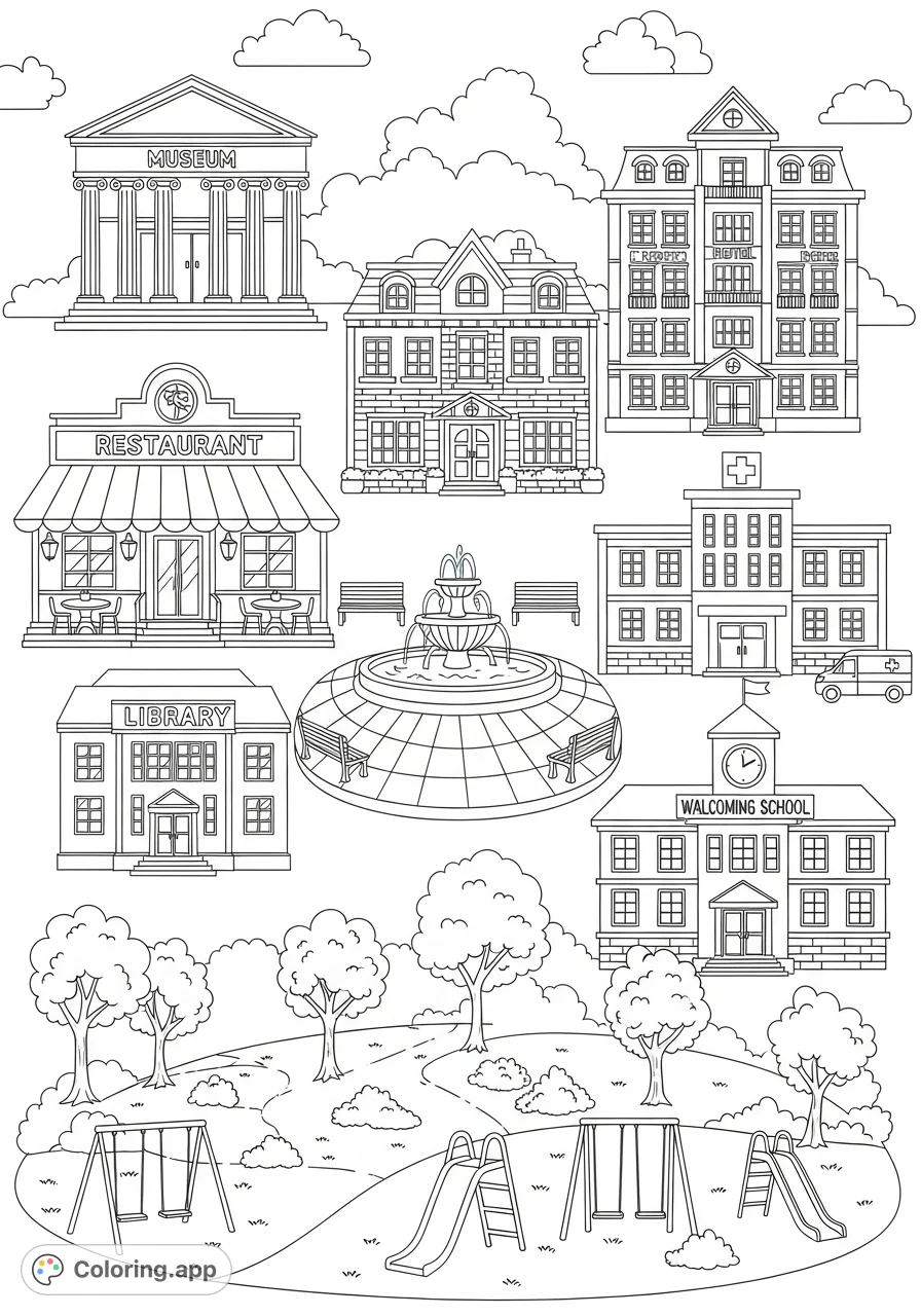 Explore a detailed town community scene featuring a museum, restaurant, hotel, hospital, school, park, and town square. Perfect for an engaging coloring adventure.
