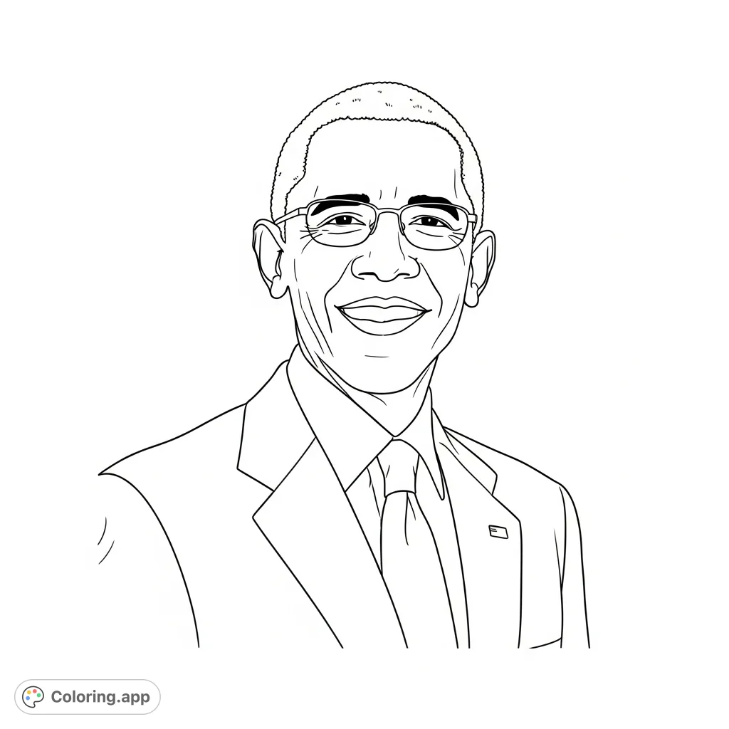 Color a simple portrait of former President Barack Obama. This free printable coloring page is perfect for learning about history and leadership.