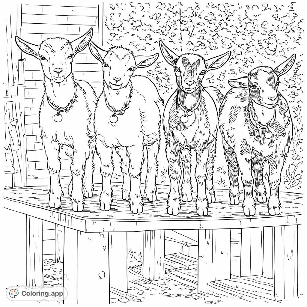 A charming goat coloring page featuring four adorable young goats standing on a wooden platform, perfect for animal lovers to bring to life.