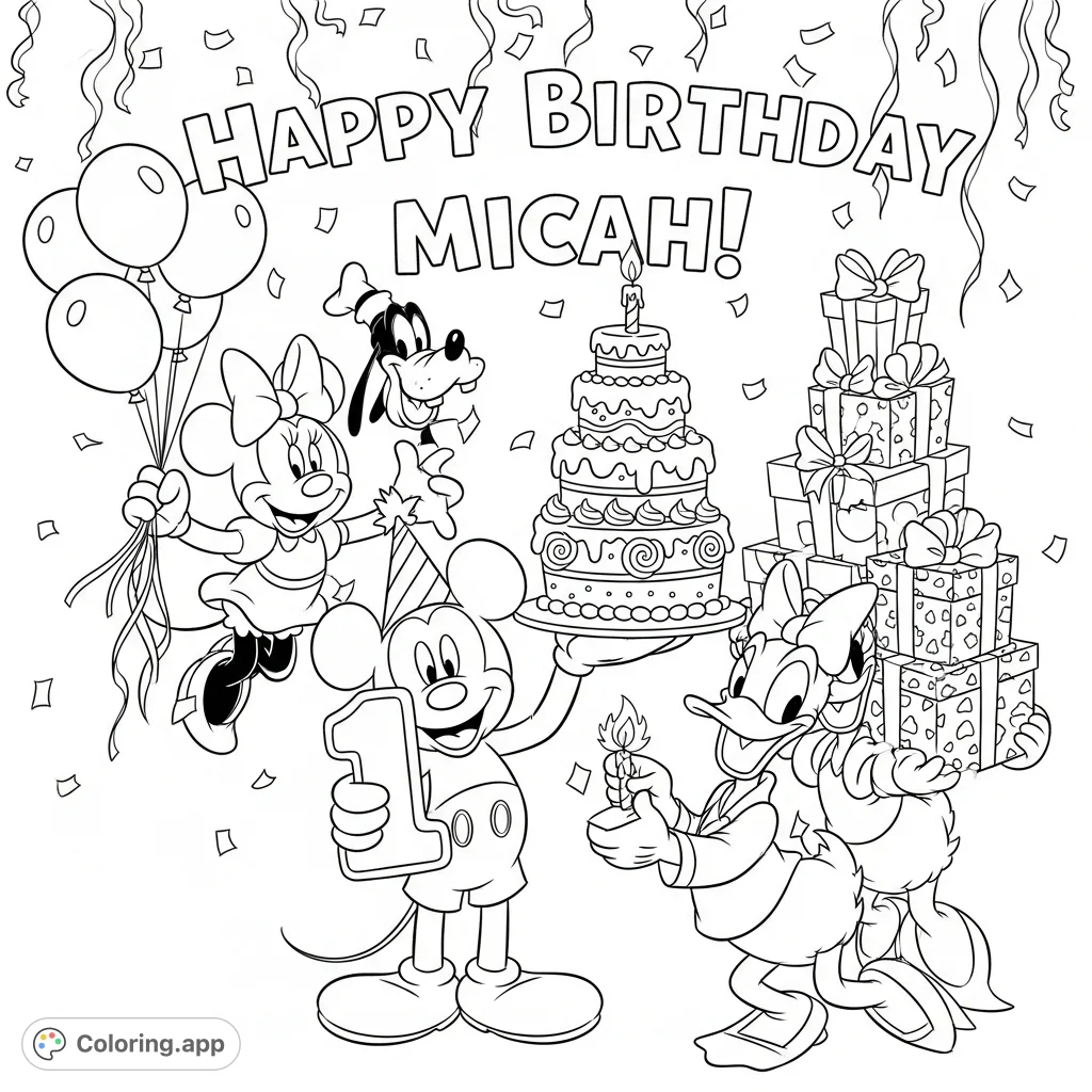 Join Mickey Mouse, Minnie, Goofy, Donald, and Daisy celebrating Micah's first birthday with cake, balloons, and presents. A joyful party scene!
