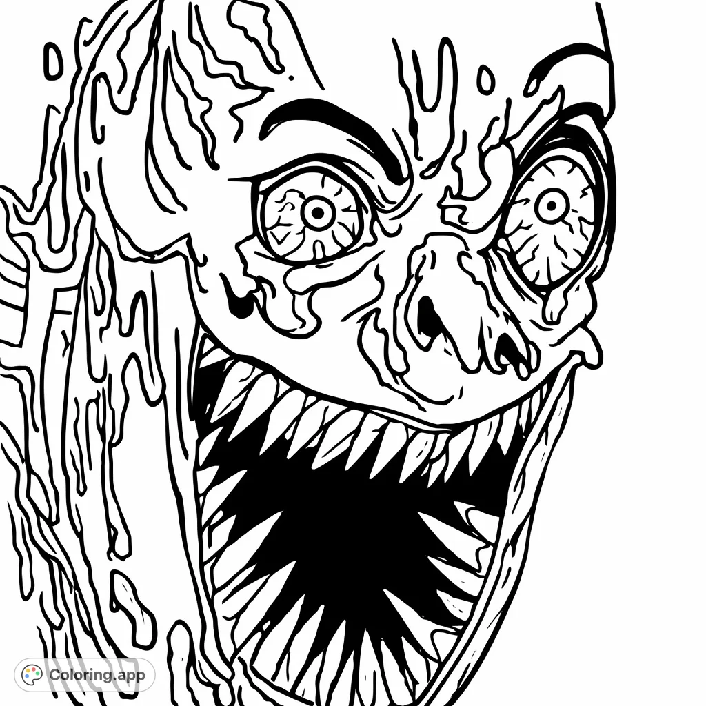 Dive into a visceral monster coloring page featuring a grotesque, screaming face with sharp teeth and distorted features. A horror-themed free printable coloring page.
