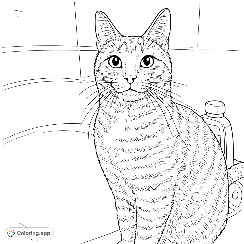 Capture the charm of a domestic cat posing in a bathtub. This delightful animal coloring page features stripe details, expressive eyes, and prominent whiskers.