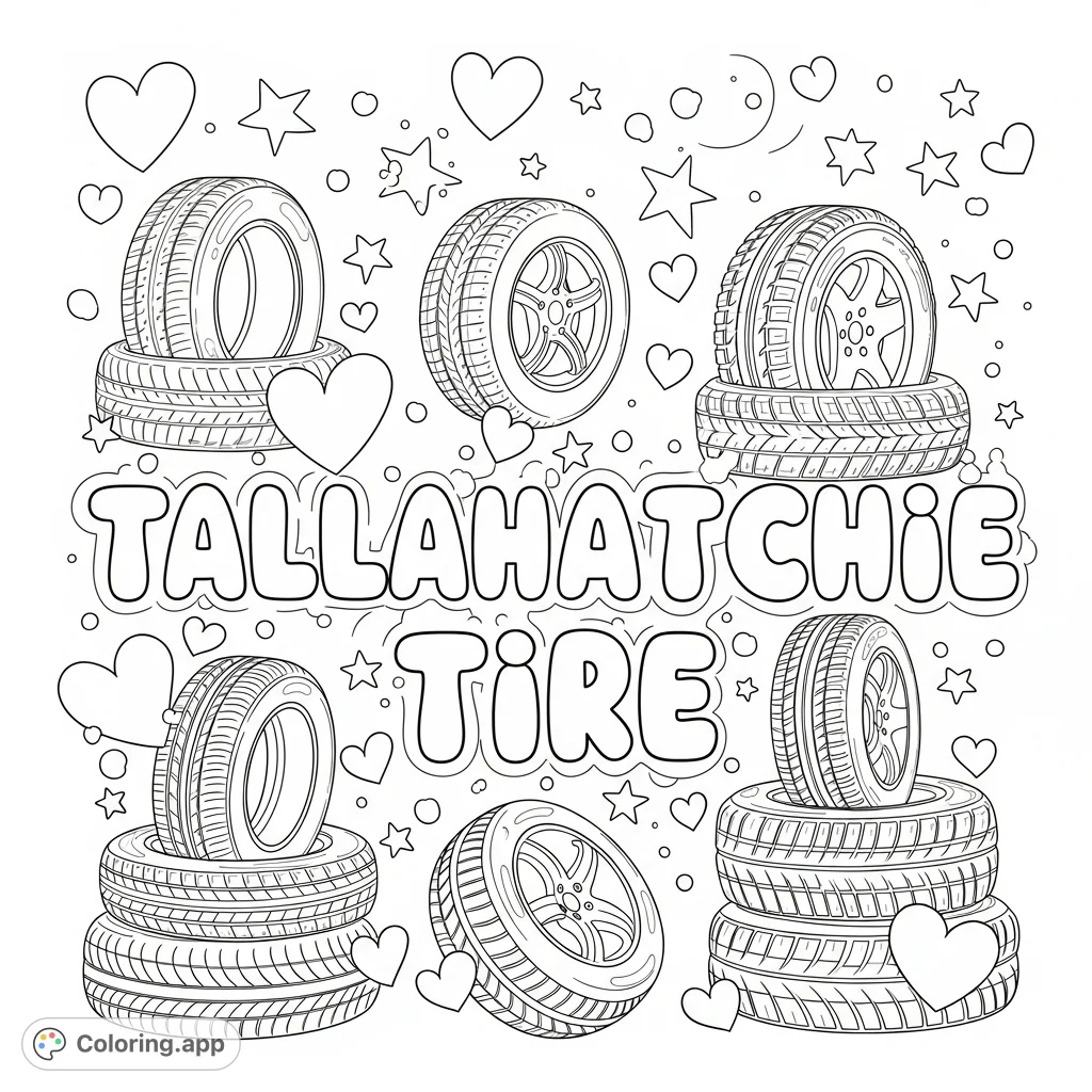 A fun, girly tire shop coloring page featuring 'TALLAHATCHIE TIRE' in bubble letters, surrounded by tires, hearts, and stars. Perfect for a unique business cover.