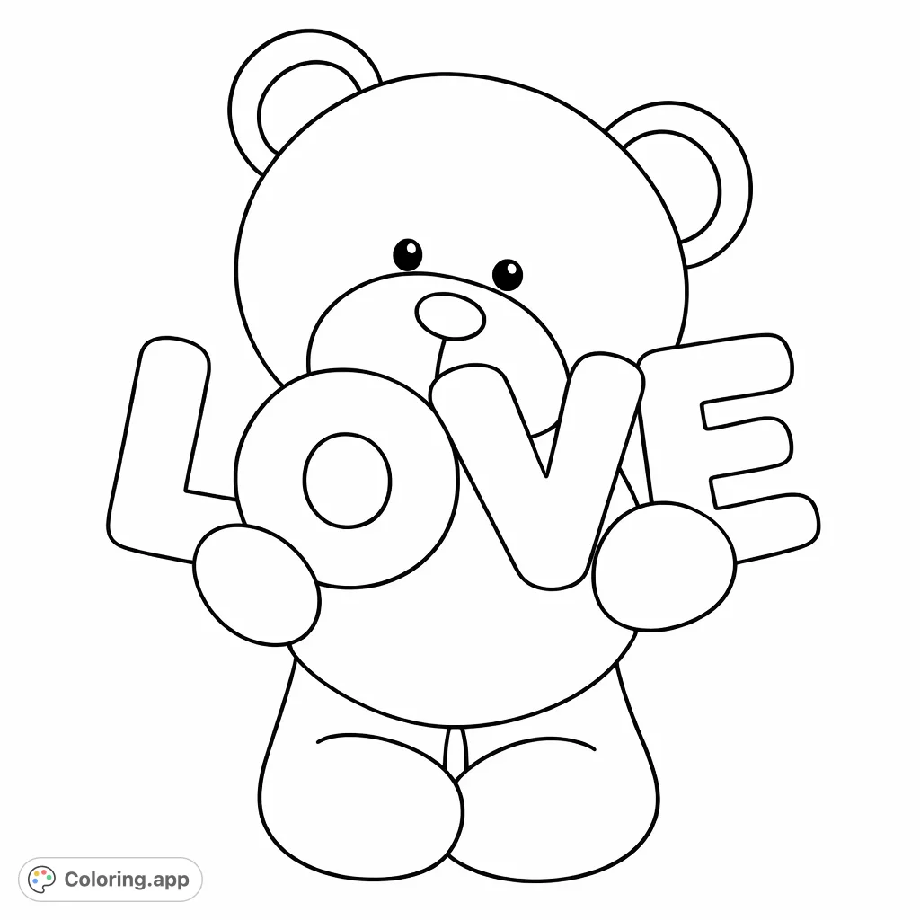 A charming teddy bear holds the word 'LOVE' in this heartwarming coloring page. Perfect for expressing affection and enjoying simple, delightful creativity.