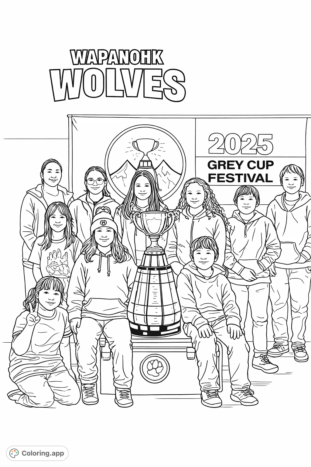 A group of students and adults celebrate a championship with a grand trophy, set against a school banner. Perfect for young sports enthusiasts.