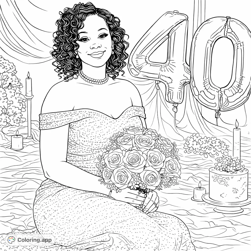 Celebrate a special milestone with this elegant coloring page featuring a woman in a dazzling gown, holding flowers amidst a festive setting.