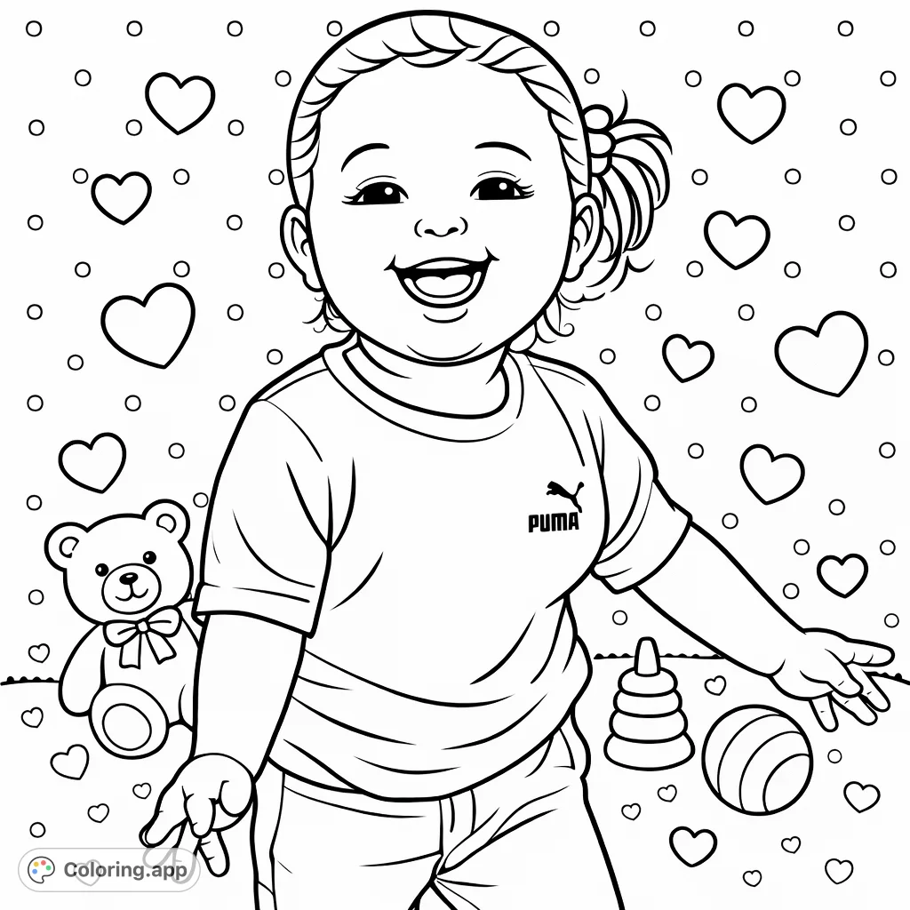 A broadly smiling toddler amidst playful toys and hearts, perfect for a fun, creative coloring page adventure. Includes polka dot patterns.