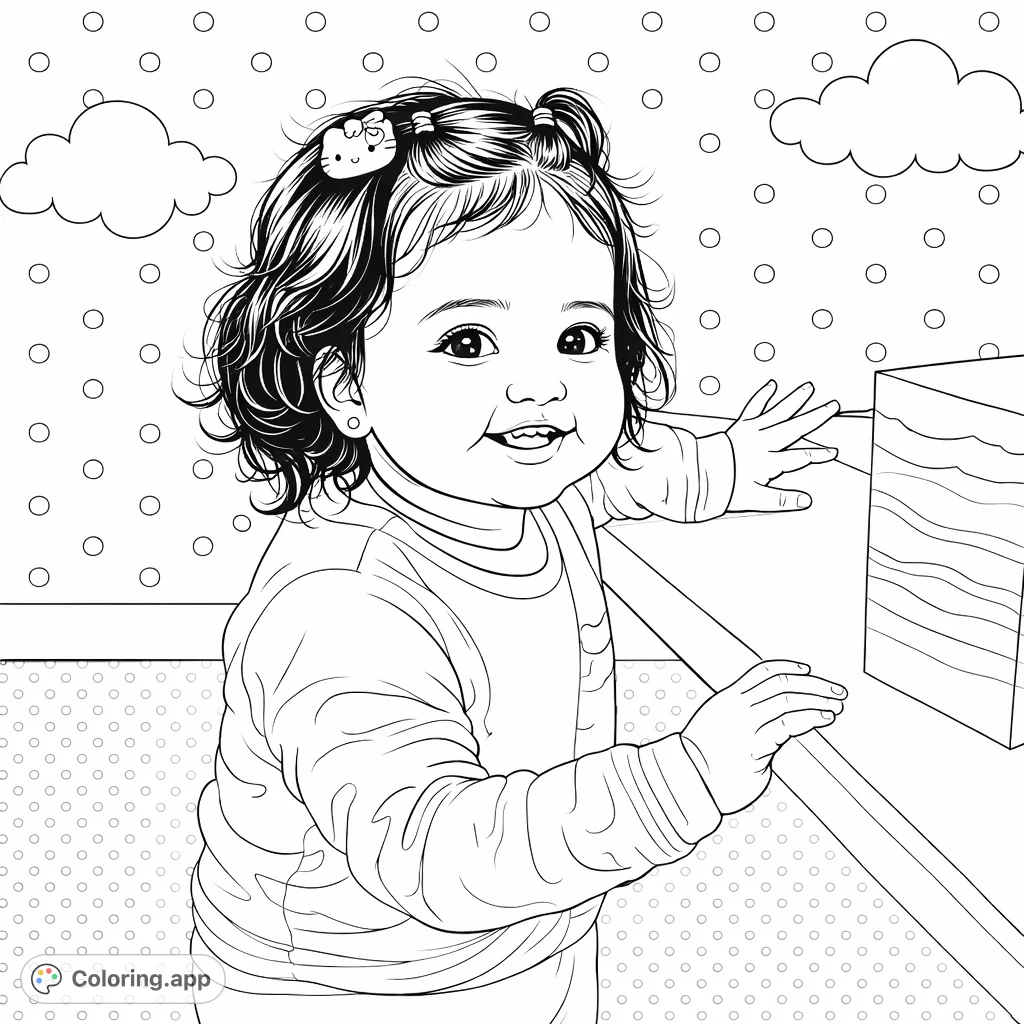 A whimsical coloring page featuring a playful child with pigtails and a charming smile, leaning on a table with a polka dot background and playful clouds.