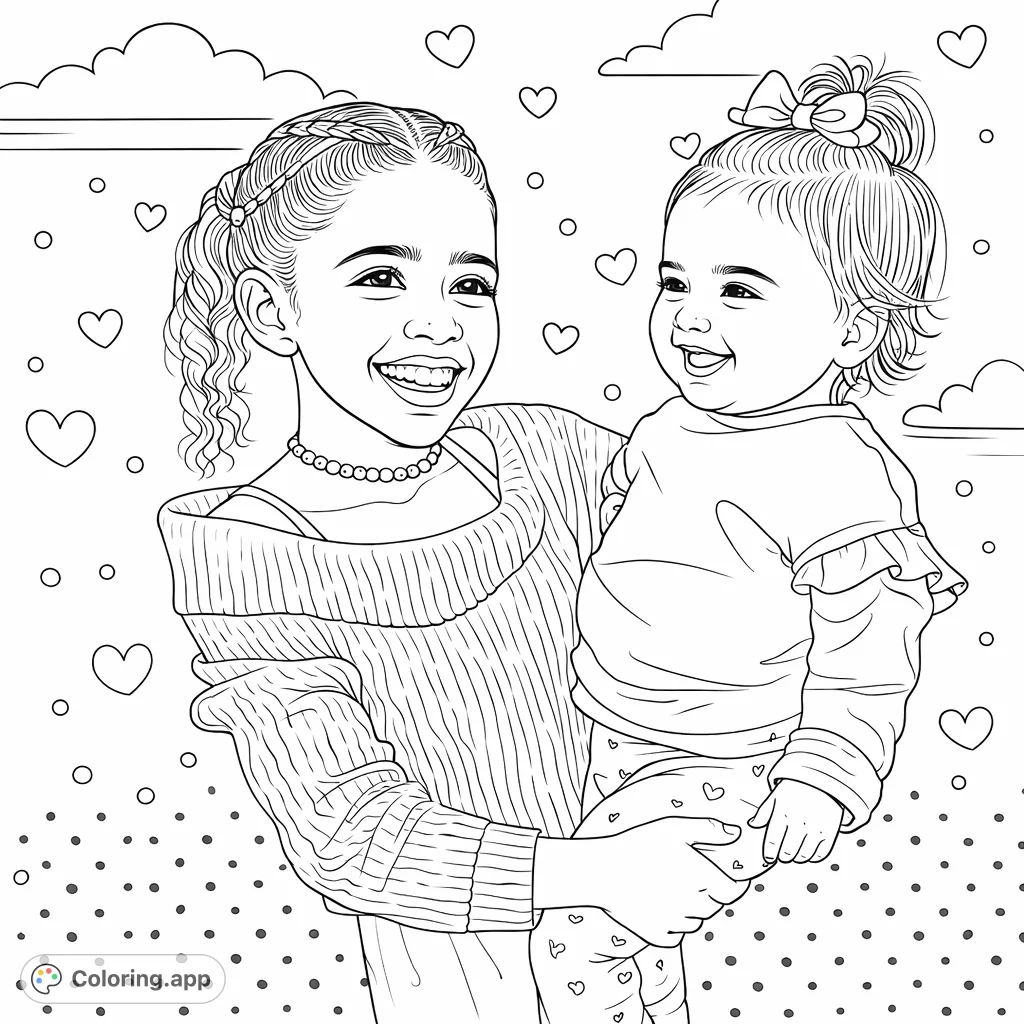 A heartwarming scene of two smiling sisters sharing a tender hug, with a whimsical background. Features playful details for all ages to enjoy.