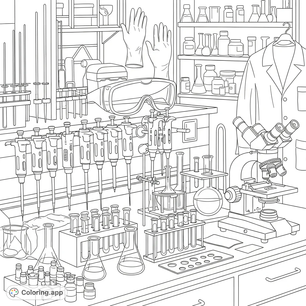 Explore a detailed scientific laboratory coloring page, featuring pipettes, eppendorfs, and safety gear amidst a backdrop of essential biomedical equipment.