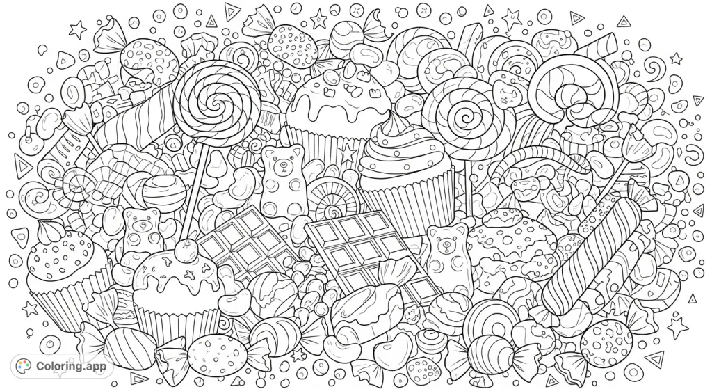 Dive into a world of delicious imagination with this sweet-filled doodle coloring page. Explore countless candies, cakes, and treats intertwined with playful patterns, offering endless creative fun.