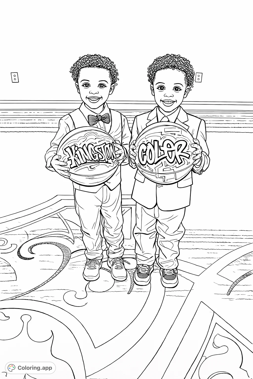 Two stylish young boys in suits, each proudly holding a basketball adorned with cool graffiti art. A fun and engaging coloring page for all ages.