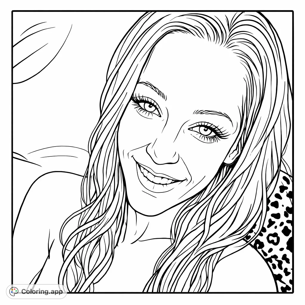 Color this serene woman's portrait, featuring a gentle expression and flowing hair. A beautiful design for relaxation and artistic exploration.