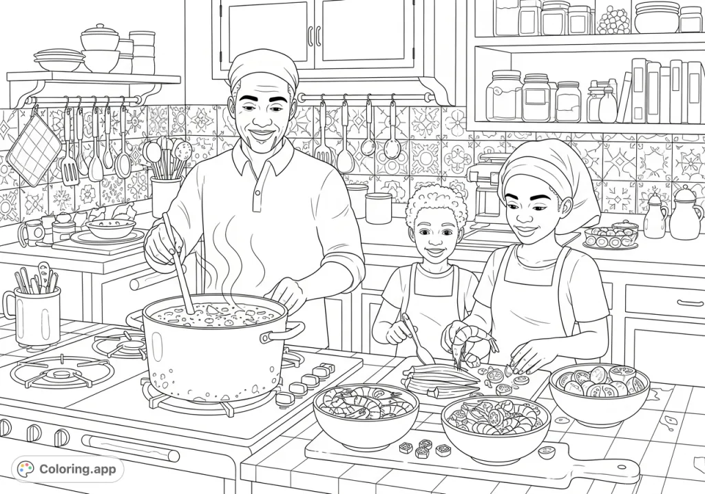 A heartwarming African American family cooking a delicious okra stew with shrimp and tomato in a lively, detailed kitchen scene.