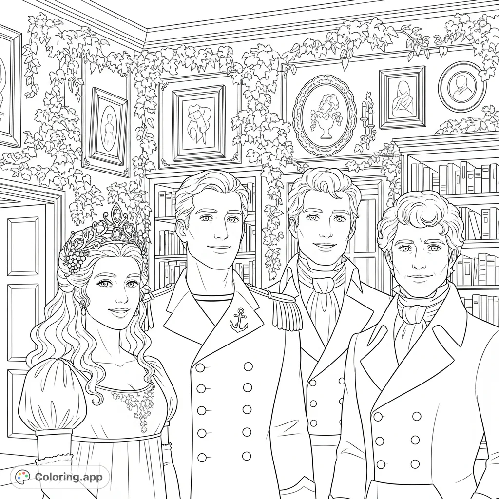Step into a detailed Regency era manor with four elegant figures. Walls bloom with plants, art, and books, offering intricate details for your coloring pleasure.