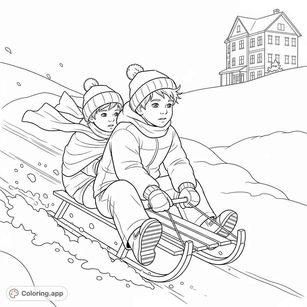 Experience a heartwarming scene from The Giver as Jonas and Gabe sled down a snow-covered hill towards a glowing house. A peaceful winter moment for coloring.