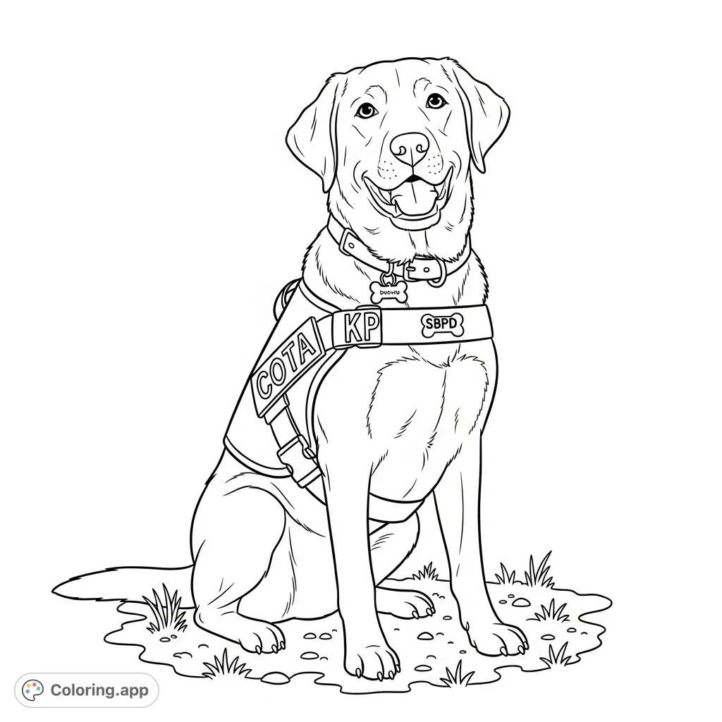 Capture the loyalty of a K9 Labrador Retriever with its detailed vest, 'COTA' and 'SBPD' markings, and a friendly expression, ready for coloring.