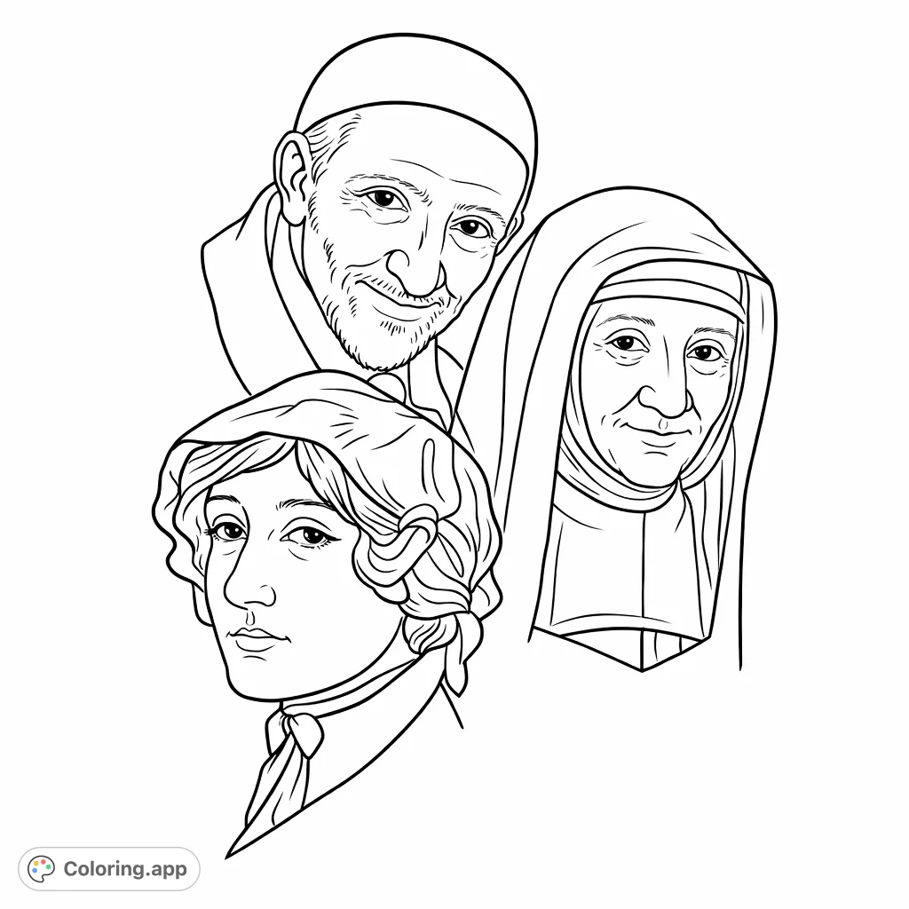 An inspiring religious figures coloring page featuring three detailed portraits: an older man with a skullcap, a woman in a bonnet, and a nun.