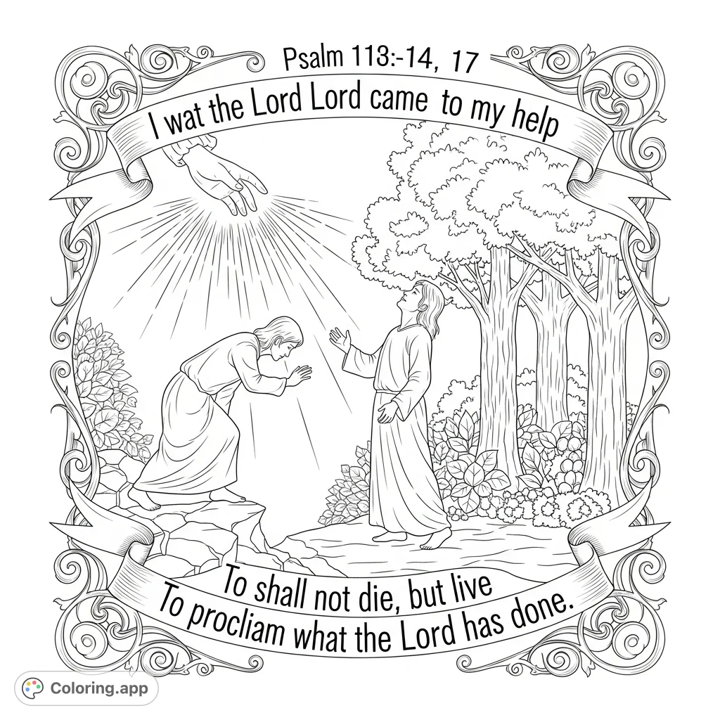 A powerful Psalm 118 coloring page depicting struggle, divine help, strength, and life. Features detailed figures, natural elements, and sacred text.