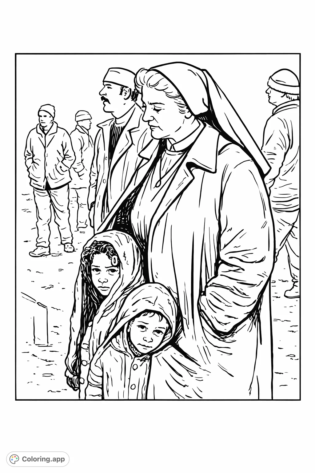 A heartwarming winter scene featuring a caring nun comforting two small children amidst falling snow. A poignant portrayal of compassion and warmth in a cold environment.