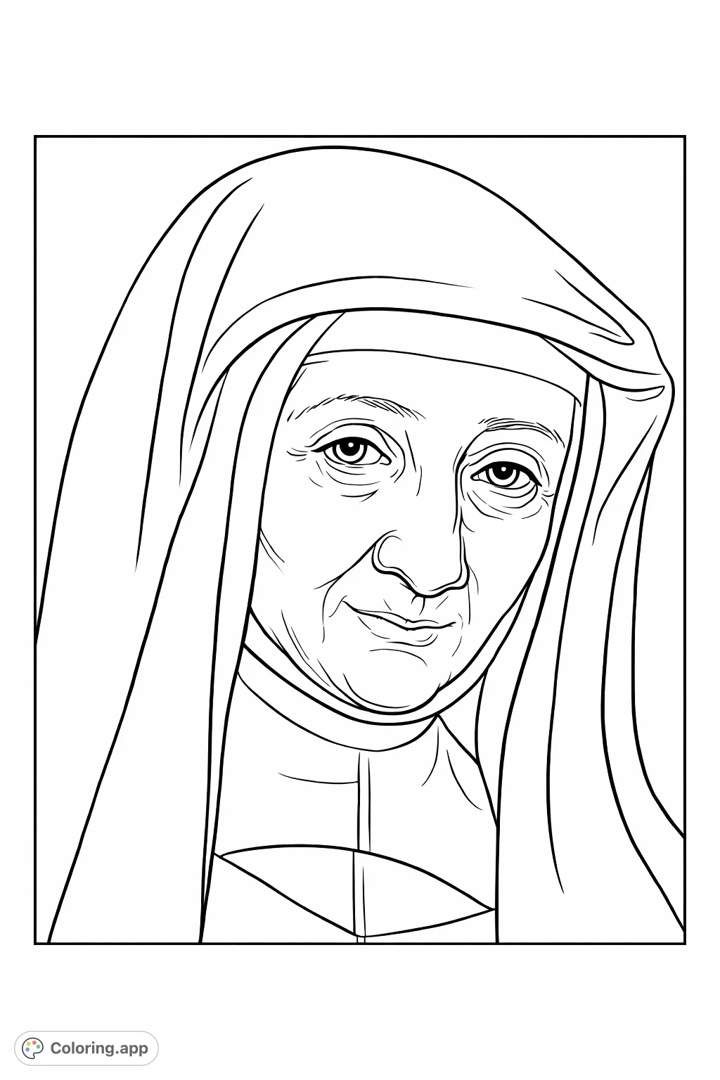 Discover a serene portrait of a woman in religious attire. Perfect for reflection and artistic expression, with intricate details in her habit and gentle features.