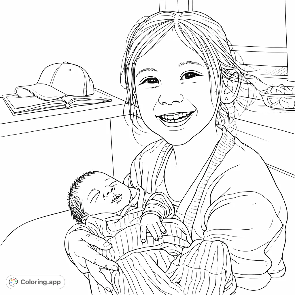 Capture the heartwarming moment of a big sister cradling her newborn sibling. This adorable family scene is perfect for celebrating new arrivals and family bonds.